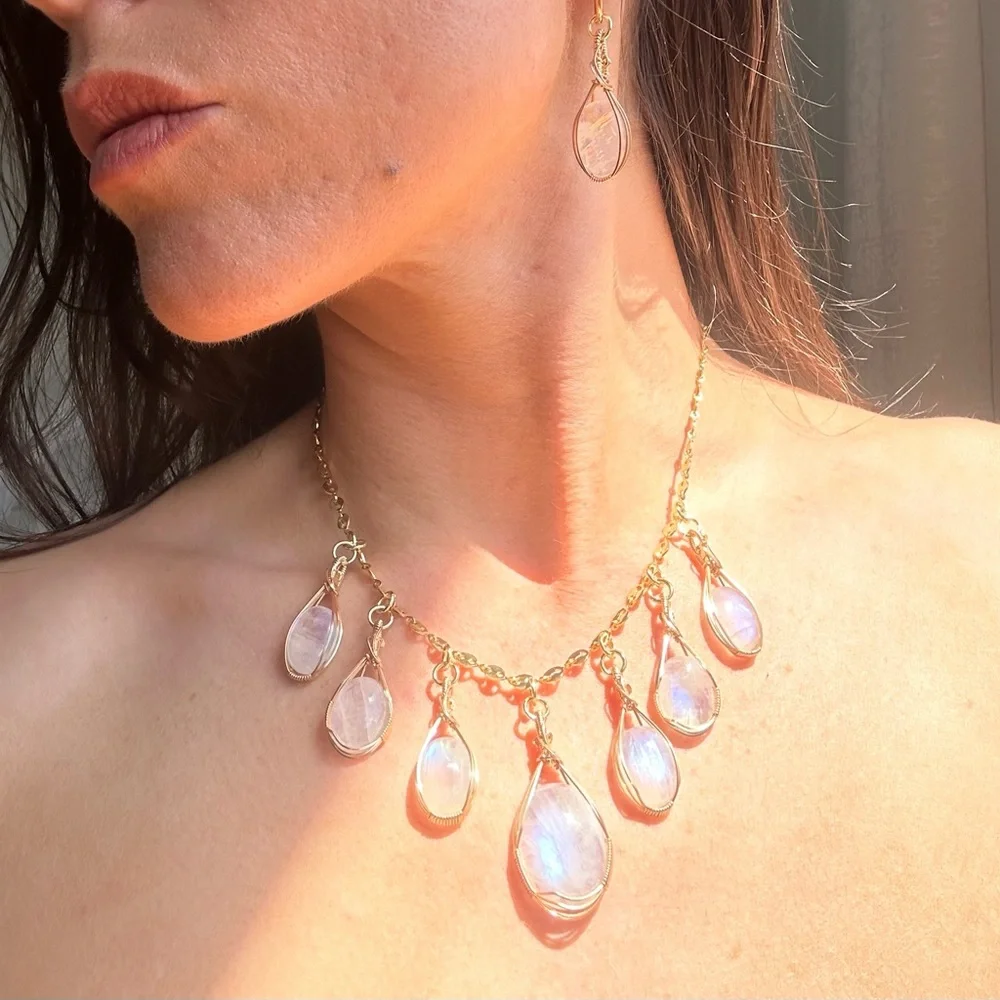 14k Gold Filled Rainbow Moonstone Gypsy Boho Necklace